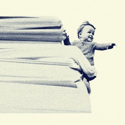 A mother holding a child. The photo is warped and stretched horizontally