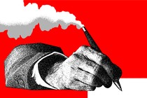 Illustration showing hand holding pen and writing, but the pen emits smoke