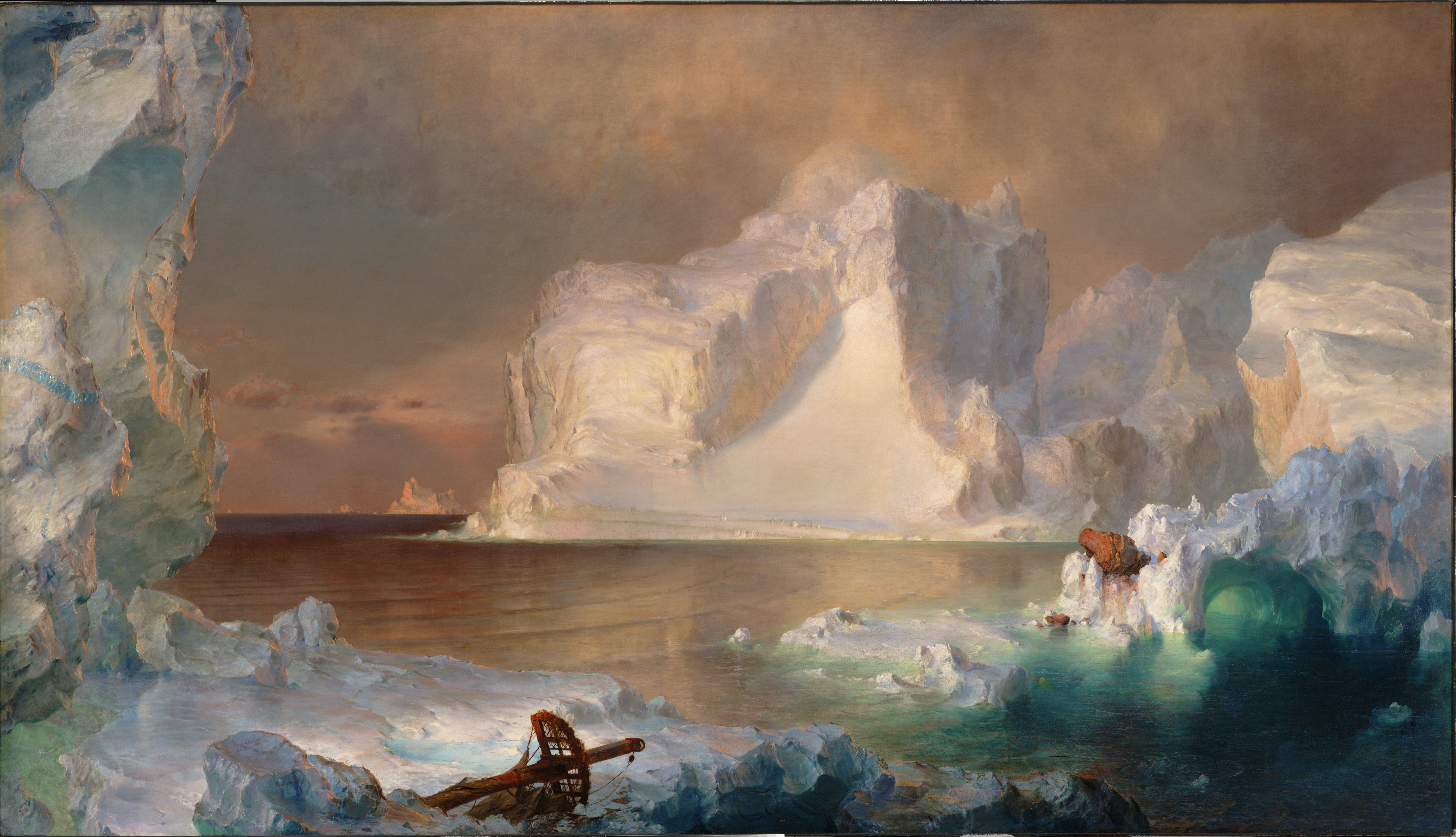 oil painting of icebergs with wrecked ship's mast in foreground