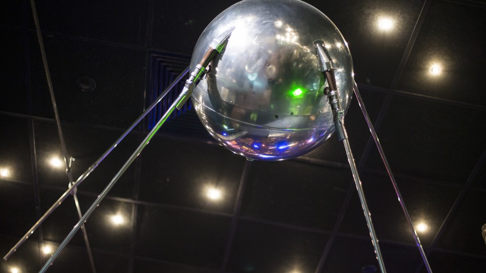 A life-size replica of Sputnik on display at the Museum of Cosmonautics in Moscow, Russia