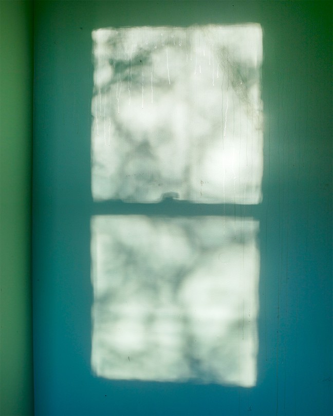 Light from a window on bright teal wall