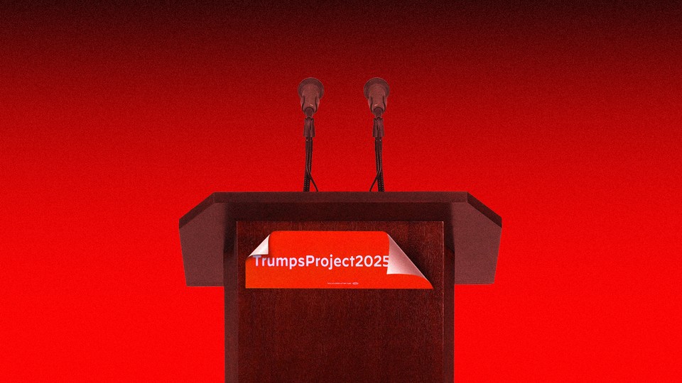 A podium with a sign that says "TrumpsProject2025"