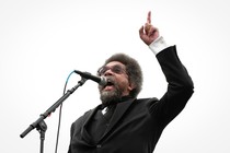 Cornel West photographed at a campaign rally for Bernie Sanders in 2016