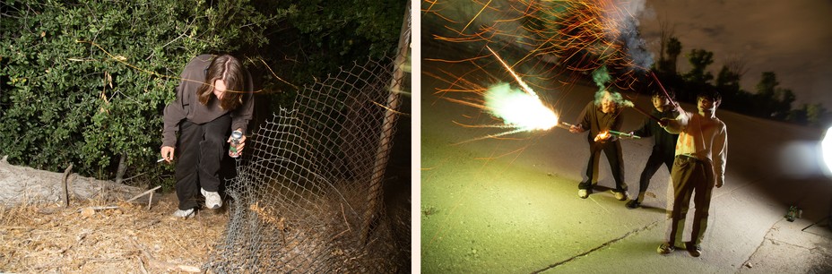 diptych:  a young man with head down walks through a hole in a fence: 3 men with fireworks