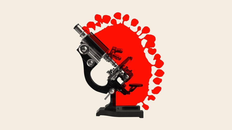 An illustration of a microscope and coronavirus.