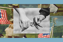 A new couple holds hands, showing off a diamond ring. The image is set into a frame featuring The Experiment’s show art.