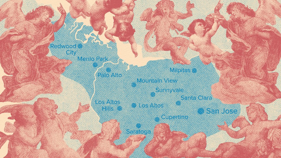 Angels flying around a map of Silicon Valley