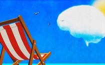 A beach chair facing the sun, which a brain-shaped cloud is about to cover