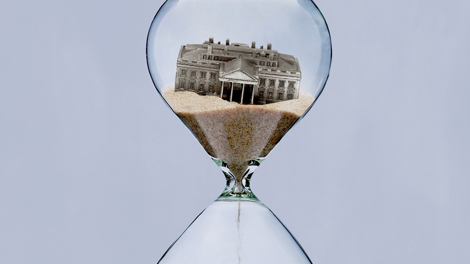 An illustration of an hourglass with the White House in the top part.
