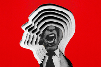 An illustration of a silhouette of a man with a screaming mouth at the center of his head