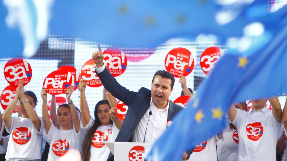 Macedonian Prime Minister Zoran Zaev addresses a crowd.