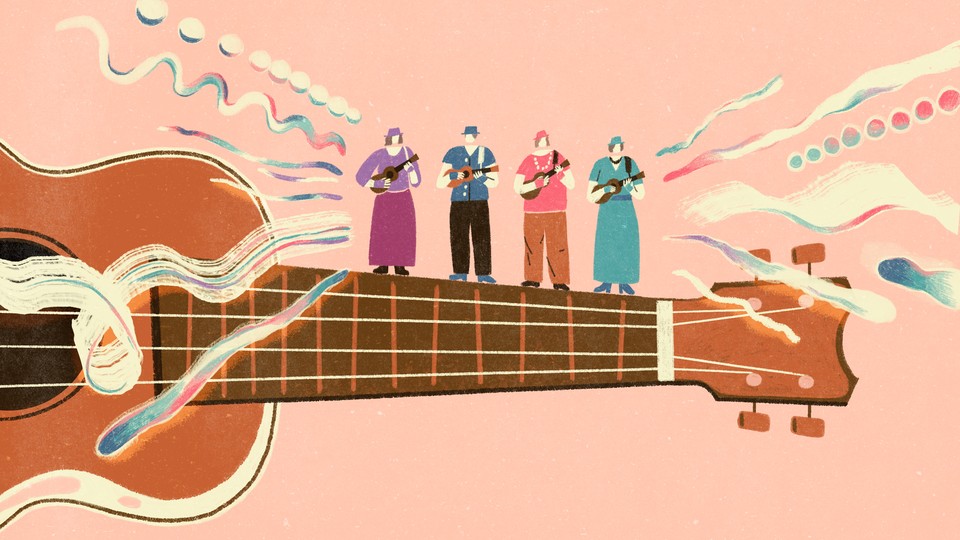 An illustration of four women playing ukulele on the neck of a larger ukulele.