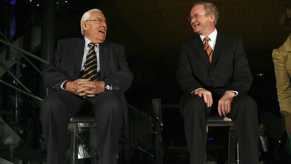 Ian Paisley and Martin McGuinness share a laugh during a 2008 event.