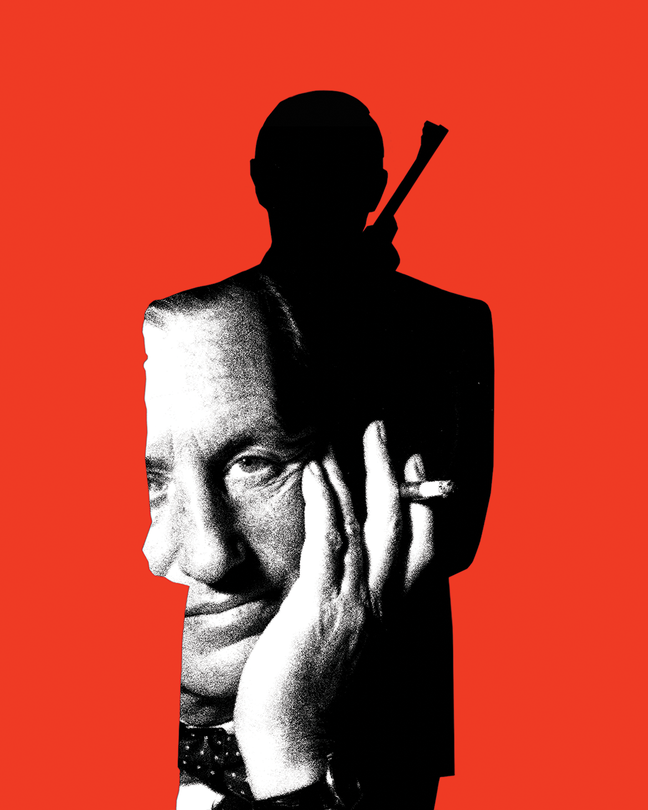 Against a red backdrop, a silhouette of James Bond with black-and-white photo of the author Ian Fleming inside