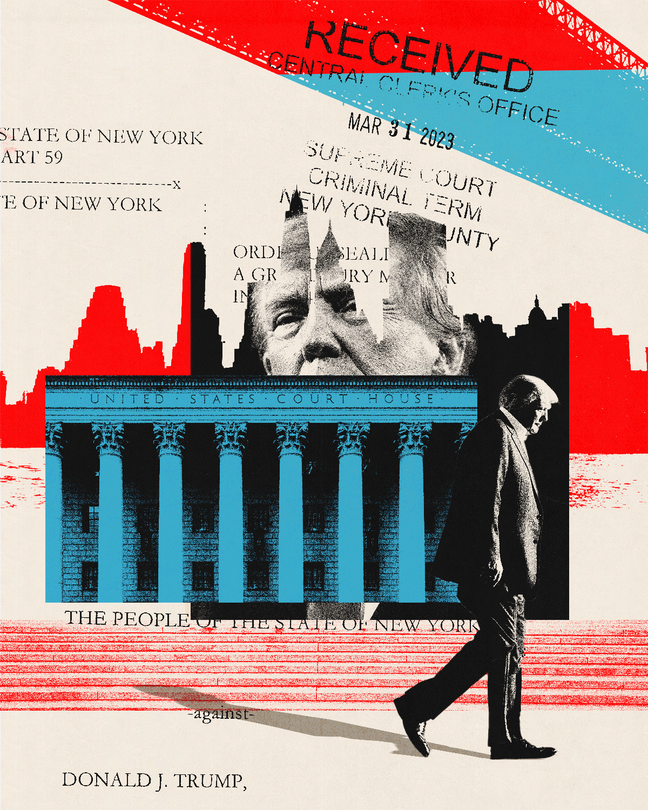 A collage illustration of Donald Trump walking, the New York skyline, and the front of the Manhattan courthouse