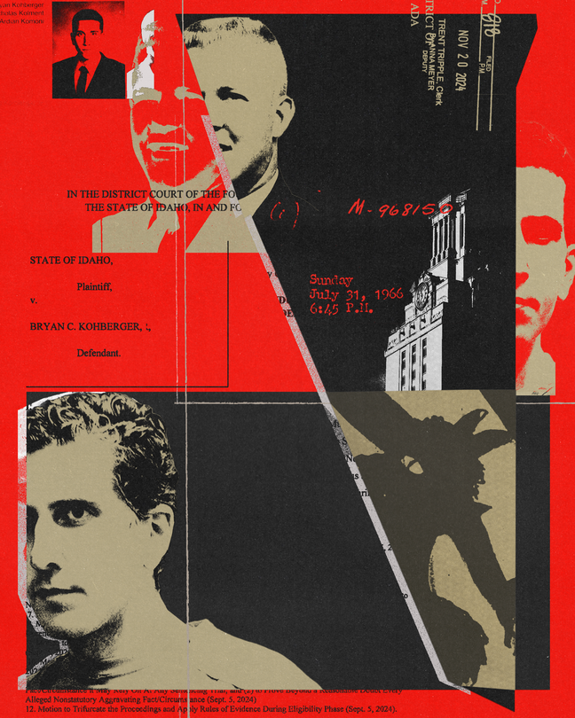 Collage with pictures of Bryan Kohberger and court documents