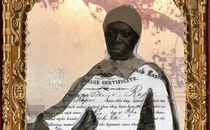 detail of illustration with photo portrait of 19th-century Black woman inside ornate gilt and wood frame with part of a marriage certificate as her dress