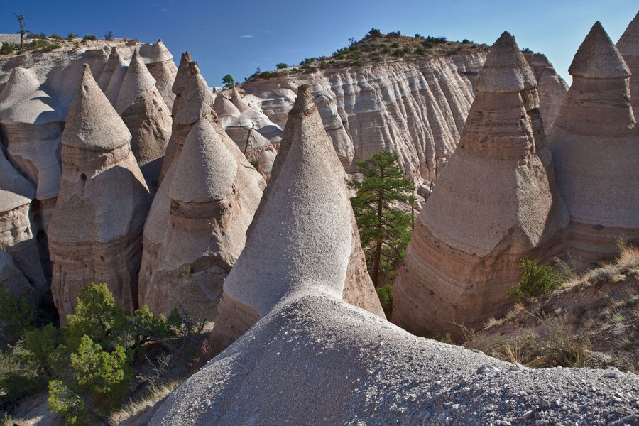 A view of many tall, cone-shaped rock formations