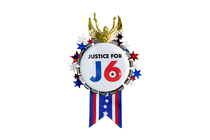 A red, white, and blue medal with text reading 'Justice For J6.'