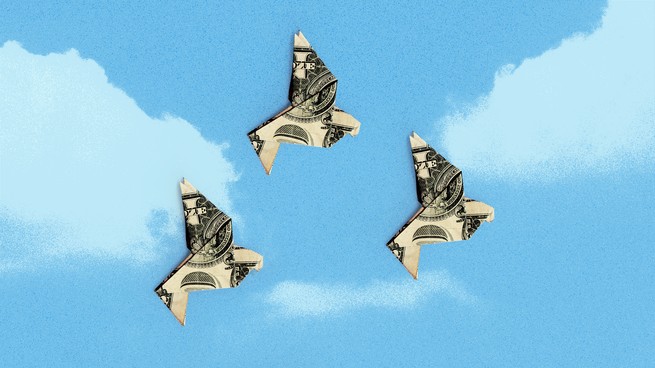 illustration of paper cranes made of dollar bills, flying