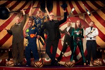 The cast of 'Taskmaster' in a circus tent, performing tricks