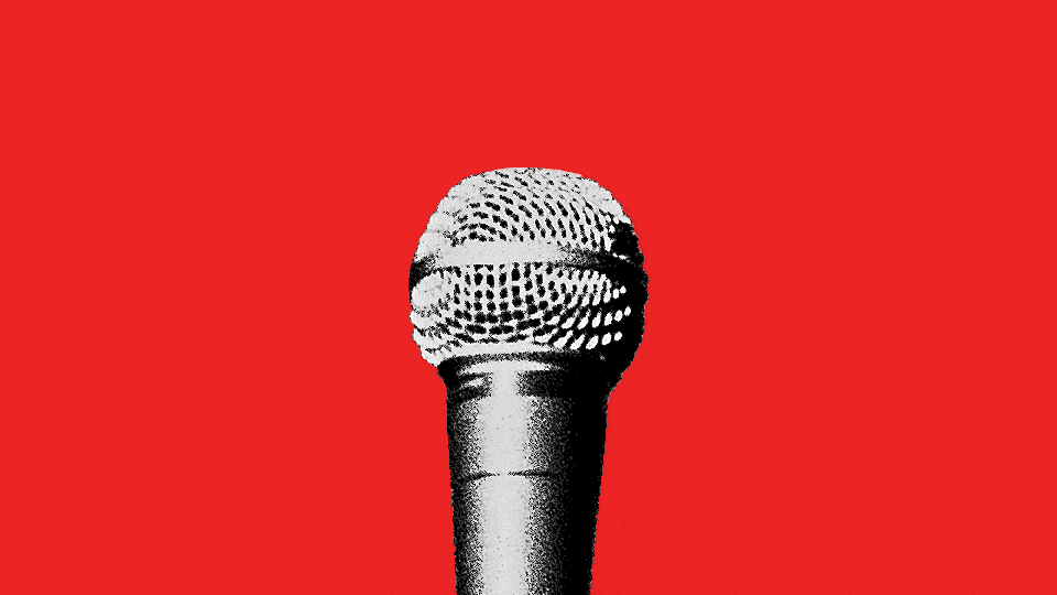 A GIF of sound waves radiating from a black-and-white microphone on a bright-red background.