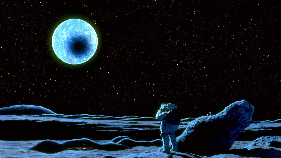 A person on the moon in a space suit watches the Earth pass in front of the sun.