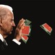An illustration showing President Joe Biden blocking a flock of microchips bearing the Chinese flag emblem.