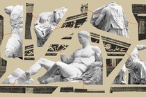 Collage of photographs of marble sculptures and pieces of the Parthenon building, connected with red lines