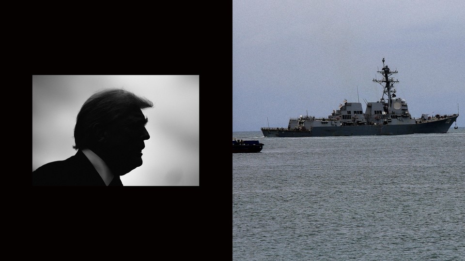 An photo of President Trump's profile next to a photo of a U.S. Navy missile destroyer