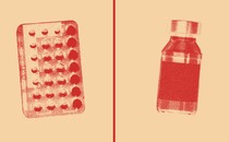 A red-on-cream illustration. On the left is a package of birth-control pills; on the right is a vaccine vial.