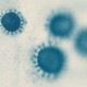 blue coronavirus particles scattered across an image, fading from left to right