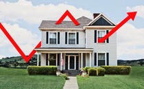 A picture of a house, with an illustrated red line pointing upward, like on a graph