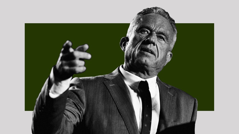 Cutout black-and-white image of Robert F. Kennedy Jr. over a green rectangle.