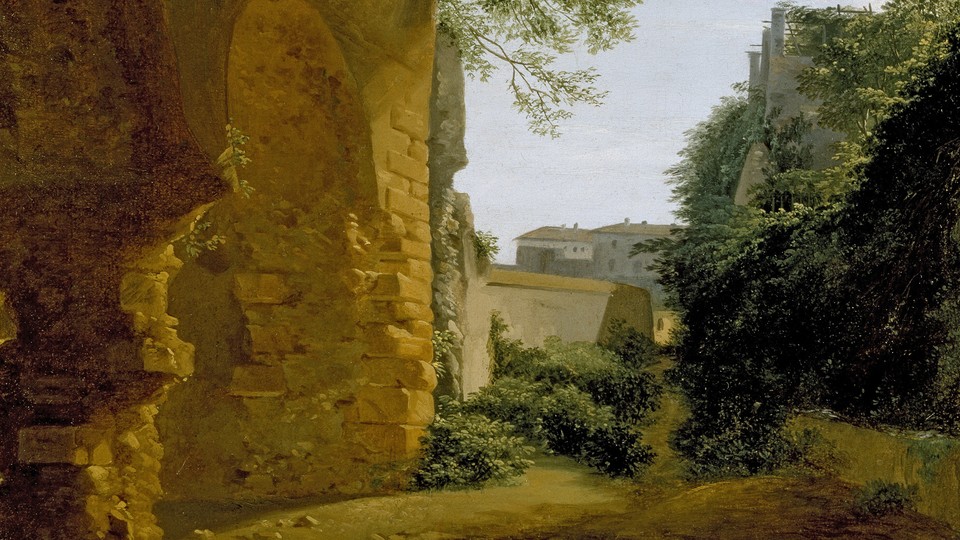 A painting of a town with a crumbling wall and green plants climbing up a building