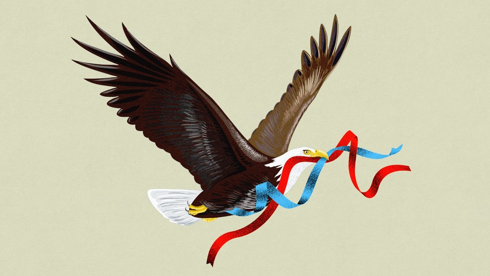 Illustration of a bald eagle carrying blue and red ribbons in its beak