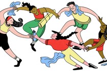 Color illustration of people dancing in a circle in workout gear, in the style of Henri Matisse's "Dance" series
