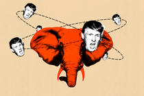 Illustration of tiny Trump faces orbiting around an elephant face