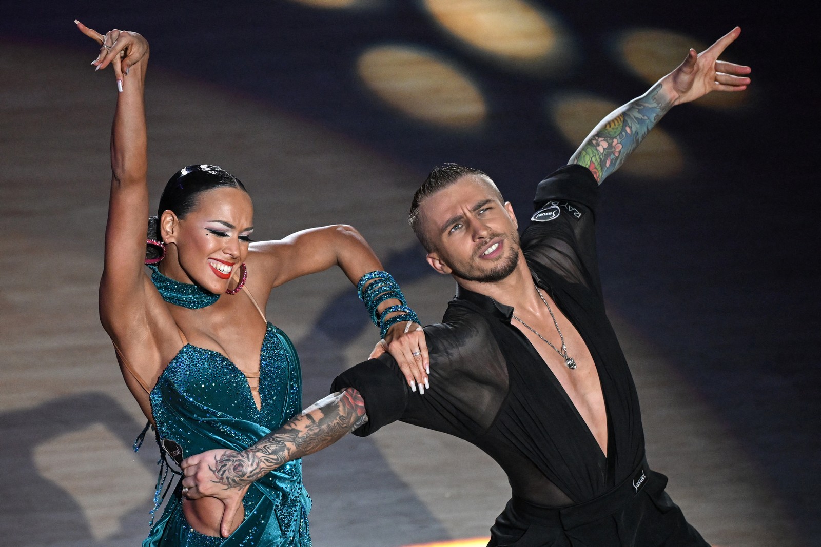 A pair of dancers, seen during a dance competition