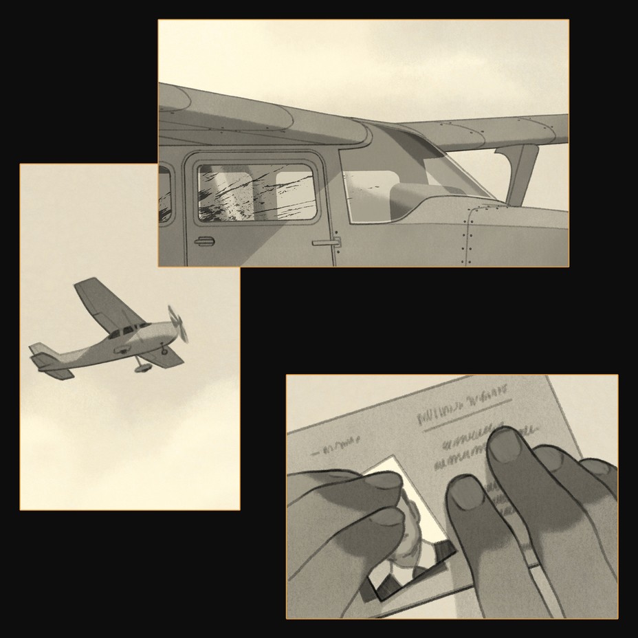 illustrations: small plane flying; outside of plane cockpit with blood-spattered windows; close-up of two hands gluing a photo on a license