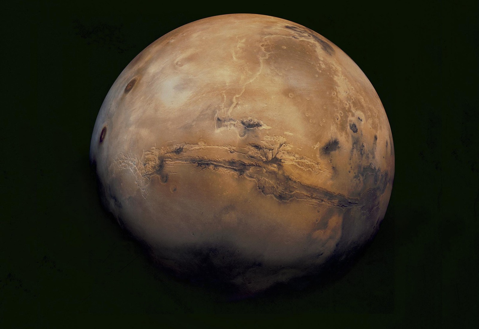An image of the full globe of Mars, seen from space