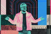 illustration of neon-colored collaged photo of Huang wearing glasses, jacket, and jeans with map of San Jose, Nvidia logo, and semiconductor diagrams