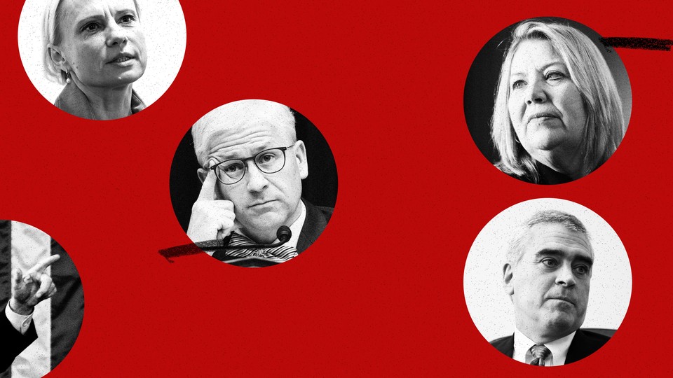 Circle cut-outs of black-and-white photos of Debbie Lesko, Patrick McHenry, Brad Wenstrup, and Victoria Spartz scattered on a deep-red background