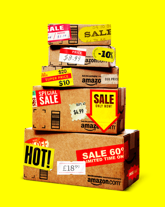 An image of Amazon boxes with sale stickers on them