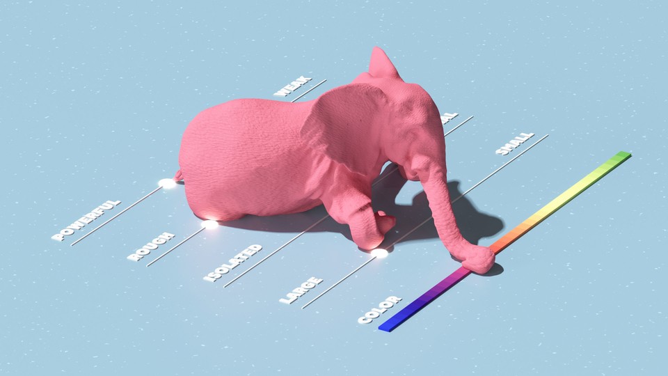A model of a pink elephant with its trunk resting on a color spectrum