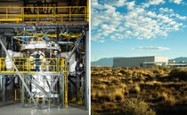 Photographs of a test nuclear unit on the left and the outside of the Kairos nuclear-power plant on the right in Albuquerque, New Mexico.
