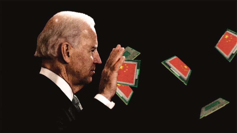 An illustration showing President Joe Biden blocking a flock of microchips bearing the Chinese flag emblem.