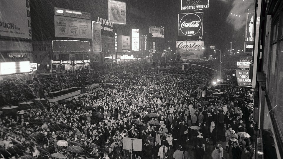 New Yorkers waiting for the Times Square New Year's Eve celebration in 1968