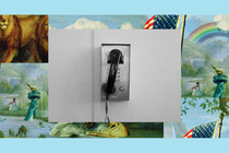 A single payphone hangs on a wall. The image is set into a frame featuring The Experiment’s show art.