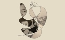 illustration of a swirled black line revealing parts of family photos of couple, close-up of face, city, and map on beige background